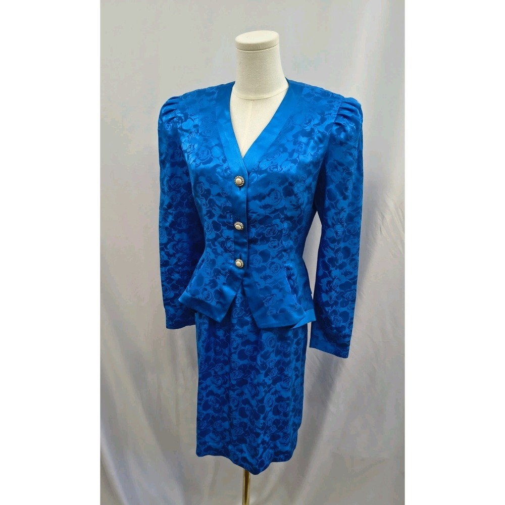 80's VIntage Silk Studio Skirt Suit Blue Jacquard Peplum Jacket Pearl Buttons 6